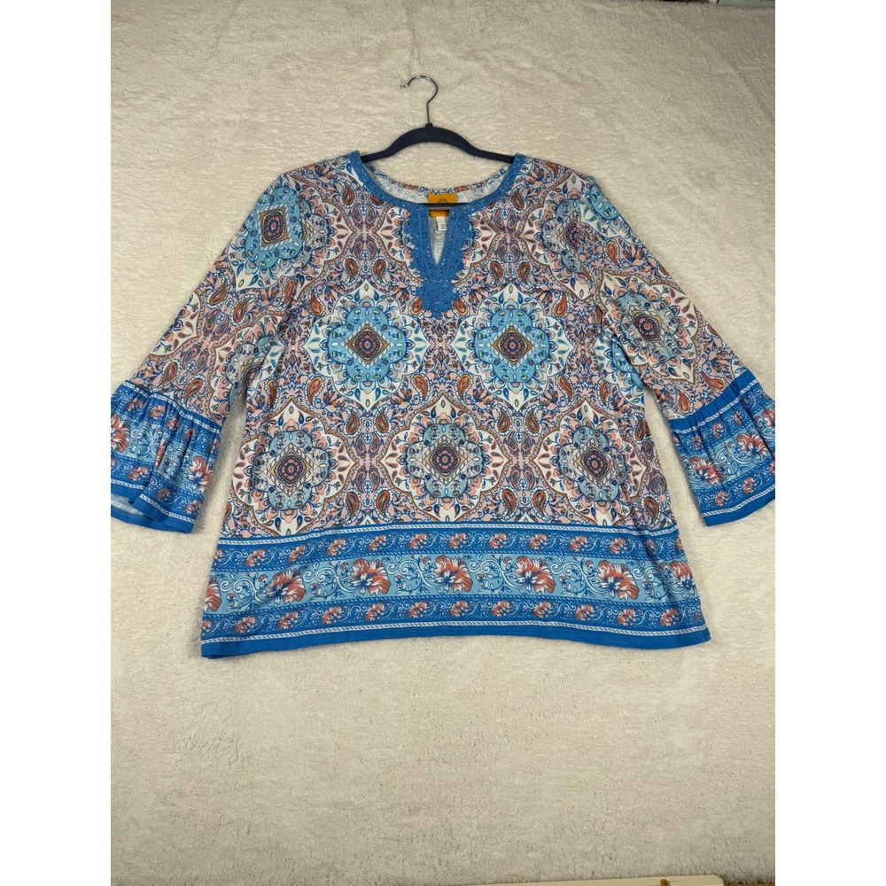 Ruby Rd‎ Paisley Blouse Women Large Blue Coral Excellent Crochet Trim Boho Top